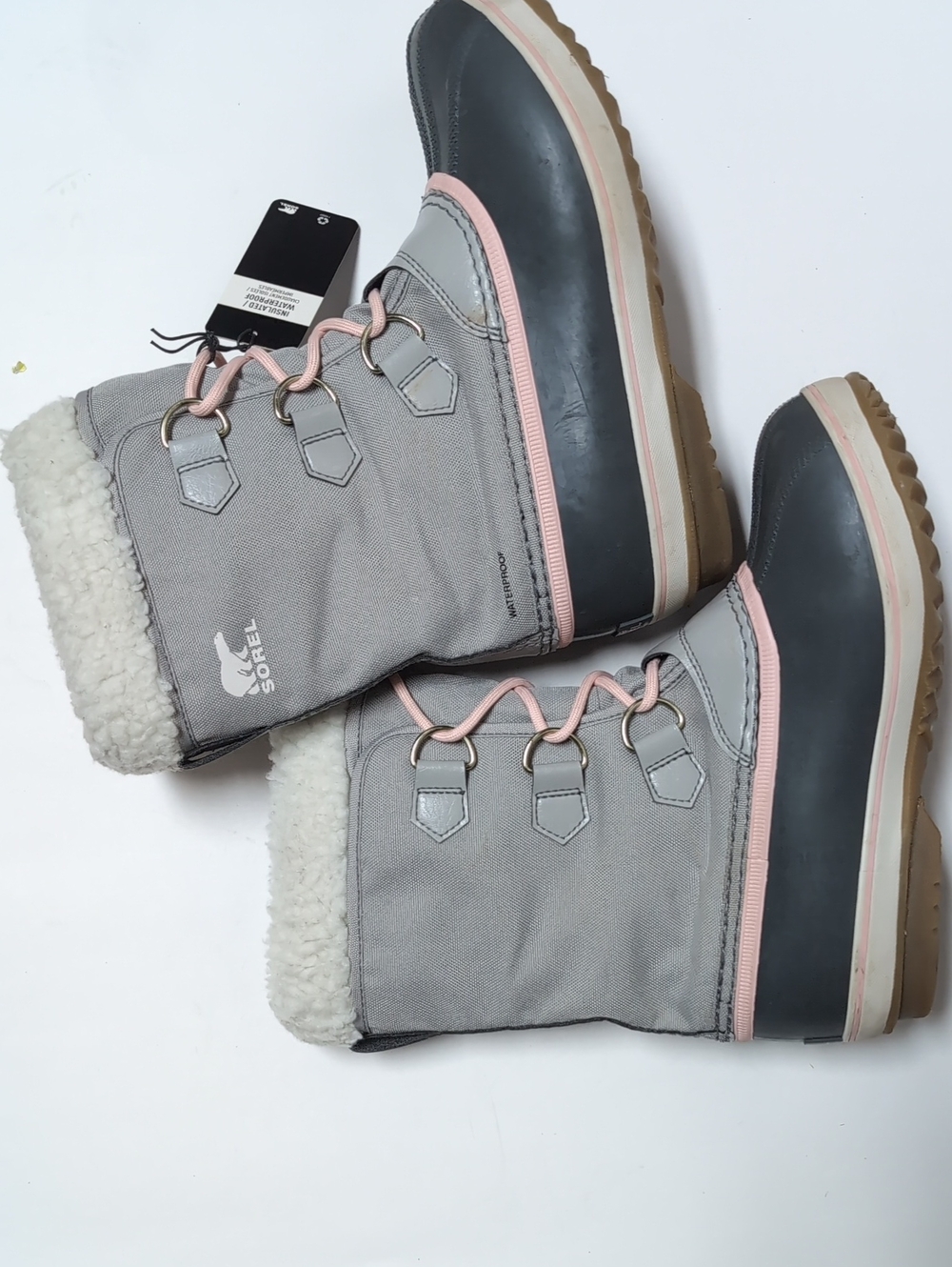 Sorel Gray and Pink Waterproof Winter Boots with Faux-Shearling